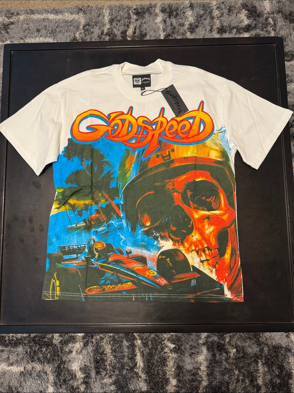 Godspeed White Short Sleeve Graphic Tee with Multicolor Skull Print